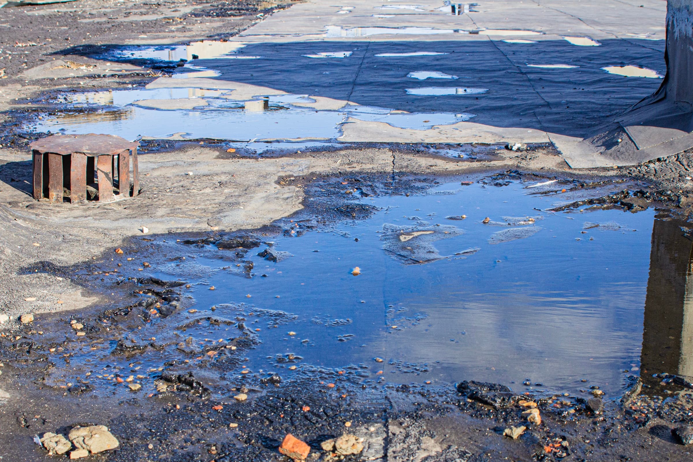 Standing water pooled on a deteriorated flat roof